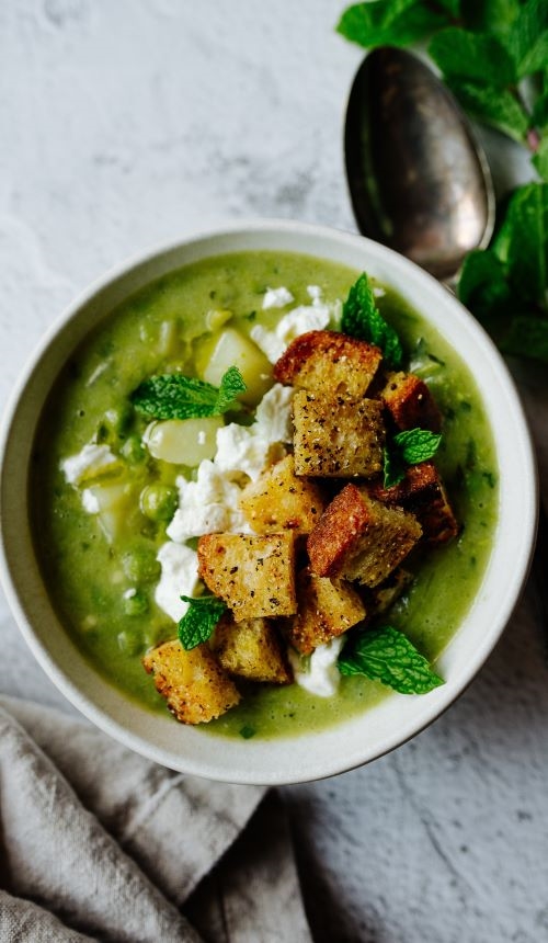 Green Pea Soup with Goat’s Cheese and Croutons