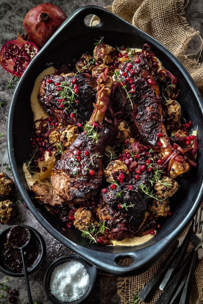 Pomegranate Cranberry Glazed Turkey Drumsticks with Stuffing & Hummus