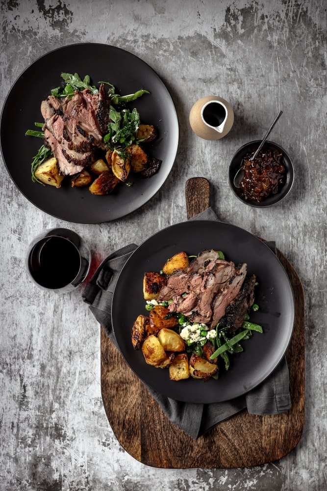 Grilled Lamb Rump with Lemon Garlic Potatoes & Pea Salad